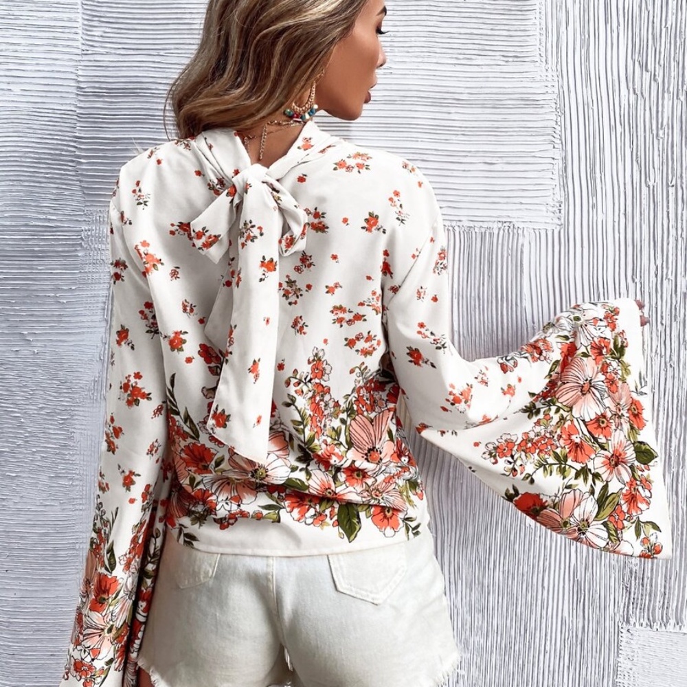 Boho Floral Print Tie Bell Sleeve Top Cream - Picture 9 of 11